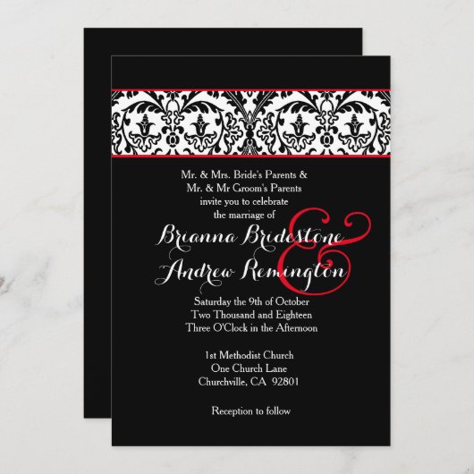 黒と白のダマスクレッド結婚アクセントA09 招待状 (正面/裏面)