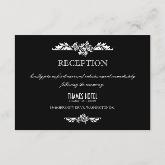 黒と白のダマスクローズ ウェディングレセプションカード エンクロージャーカード (正面)