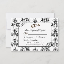 黒と白のダマスク模様の結婚式RSVPカード 出欠カード