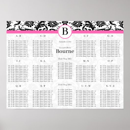 黒と白のダマスク渦巻きホットピンクのトリム ポスター (正面)