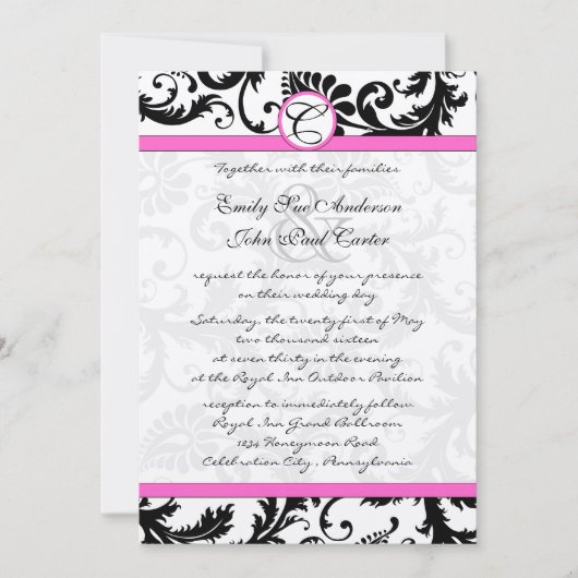 黒と白のダマスク渦巻きホットピンクのトリム 招待状 (正面)