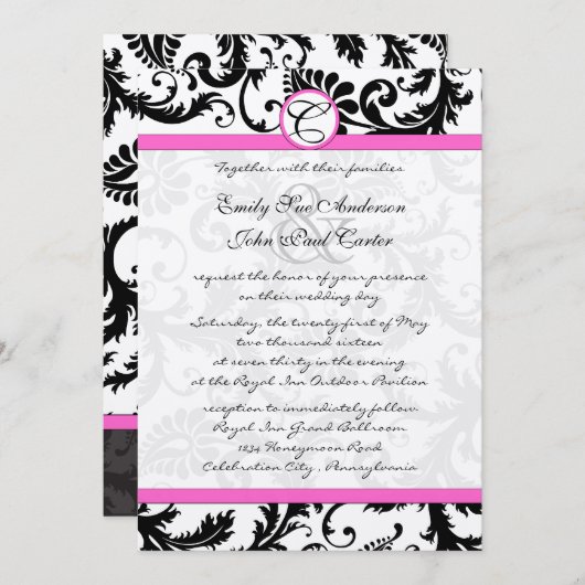 黒と白のダマスク渦巻きホットピンクのトリム 招待状 (正面/裏面)