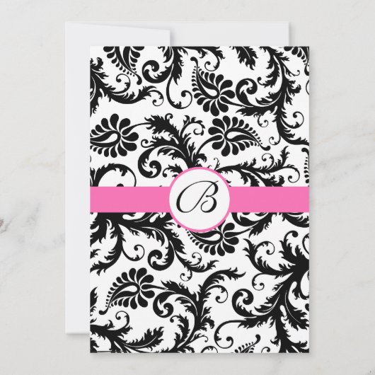 黒と白のダマスク渦巻きホットピンクのトリム 招待状 (裏面)