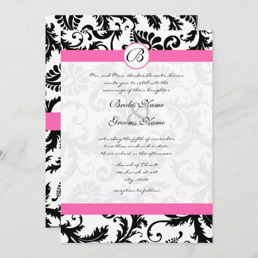 黒と白のダマスク渦巻きホットピンクのトリム 招待状 (正面/裏面)