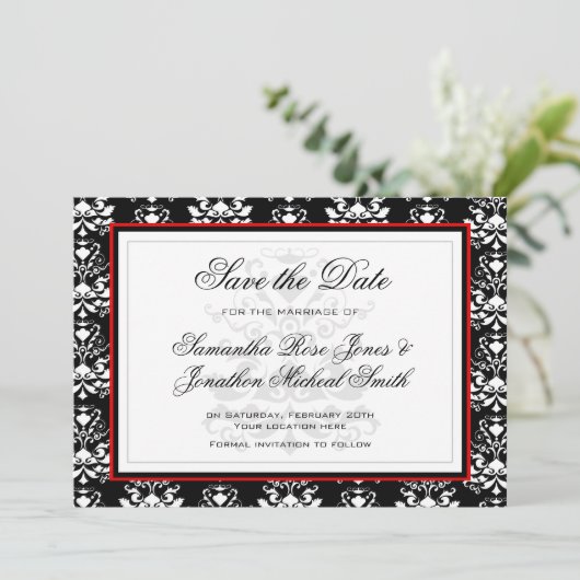 黒と白のダマスク赤アクセント日付を保存 セーブザデート (スタンド正面)