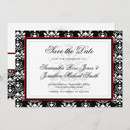 黒と白のダマスク赤アクセント日付を保存 セーブザデート (正面/裏面)