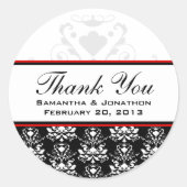黒と白のダマスク赤アクセント結婚式ラベル ラウンドシール (正面)