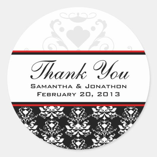 黒と白のダマスク赤アクセント結婚式ラベル ラウンドシール (正面)