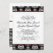 黒と白のダマスク赤アクセント結婚式招待状 招待状 (正面/裏面)
