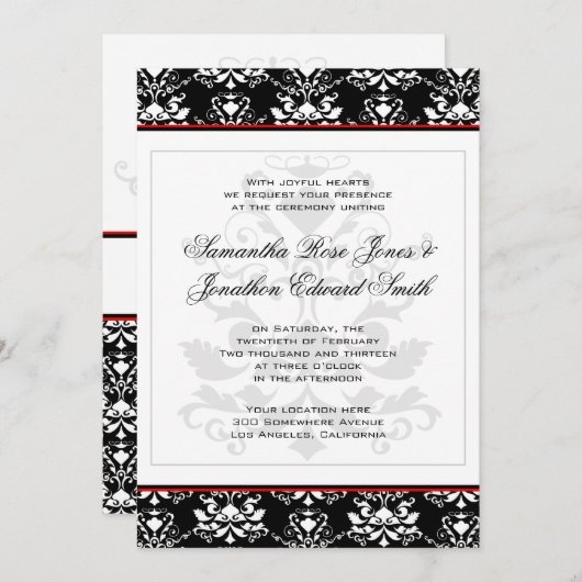 黒と白のダマスク赤アクセント結婚式招待状 招待状 (正面/裏面)