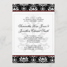 黒と白のダマスク赤アクセント結婚式招待状