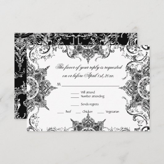 黒と白のダマスク・スワール結婚式RSVPカード 出欠カード (正面/裏面)
