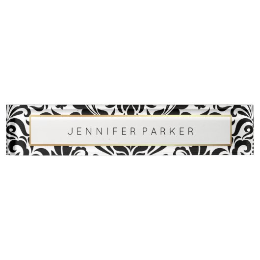 黒と白のダマスク(フェイク金ゴールド付き) デスクネームプレート (正面)