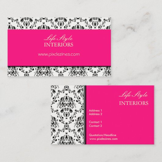 黒と白のダマスク/ホットピンクアクセント 名刺 (正面/裏面)