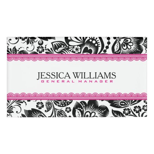 黒と白のダマスピンクレースアクセント 名札 (正面)