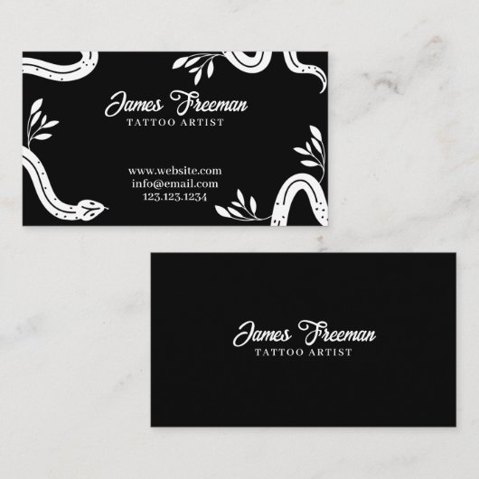 黒と白のダーク葉ブ・ヘビのタトゥーアーティスト 名刺 (正面/裏面)