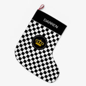 黒と白のチェスパターン上の金の王冠 ラージクリスマスストッキング (正面 (吊り時))