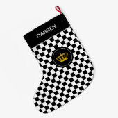 黒と白のチェスパターン上の金の王冠 ラージクリスマスストッキング (裏面 (吊り時))