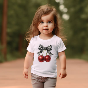 黒と白のチェックの蝶結びとチェリー ベビーTシャツ