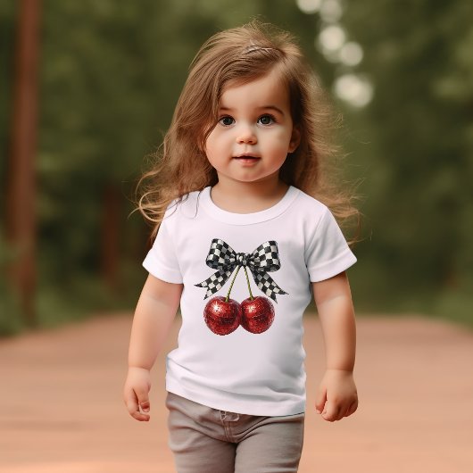 黒と白のチェックの蝶結びとチェリー ベビーTシャツ