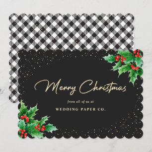 黒と白のチェック柄のヒイラギのビジネス クリスマスカード