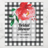 黒と白のチェック柄のワインボトルラベルに赤いバラ ワインラベル (シングルラベル)