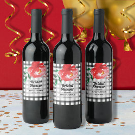 黒と白のチェック柄のワインボトルラベルに赤いバラ ワインラベル