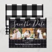 黒と白のチェック柄の写真を使った結婚式の延期・日程変更のお知らせカード (正面/裏面)