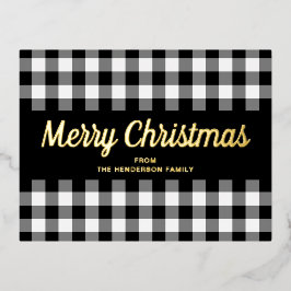 黒と白のチェック柄 スクリプトクリスマス ゴールド 箔シーズンポストカード