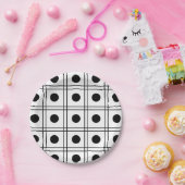 黒と白のチェック柄 水玉円 ペーパープレート (パーティー)