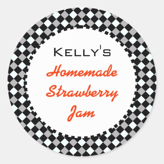 黒と白のチェック赤のジャムラベル ラウンドシール (正面)