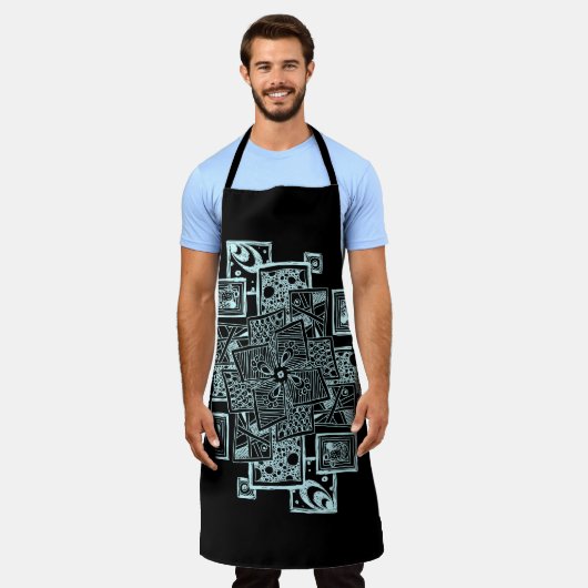 黒と白のテクスチャ付き線のもつれデザイン エプロン (着用した状態)