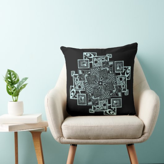 黒と白のテクスチャ付き線のもつれデザイン クッション (椅子)