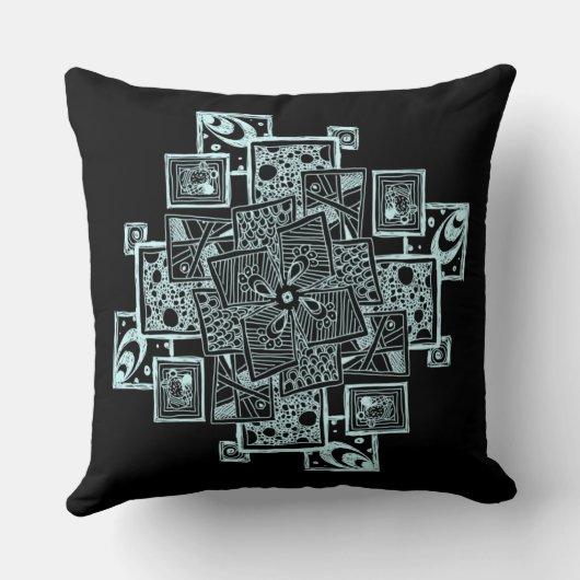 黒と白のテクスチャ付き線のもつれデザイン クッション (裏面)