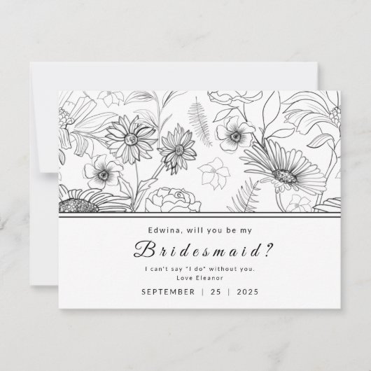 黒と白のデイジーの花デザインBe my Bridesmaid 招待状 (正面)
