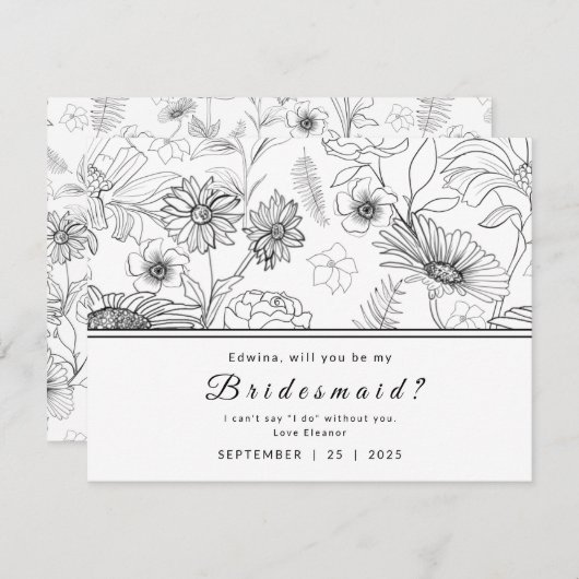 黒と白のデイジーの花デザインBe my Bridesmaid 招待状 (正面/裏面)