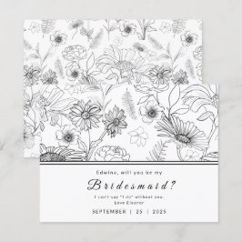 黒と白のデイジーの花デザインBe my Bridesmaid 招待状