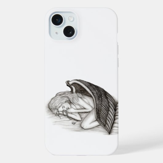 黒と白のデザイン 眠れる天使 iPhoneケース (裏面)