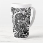 黒と白のトリッピーな線の肖像 カフェラテマグ (右アングル)