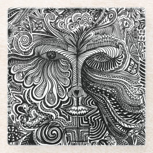 黒と白のトリッピーな線の肖像 ガラスコースター (正面)