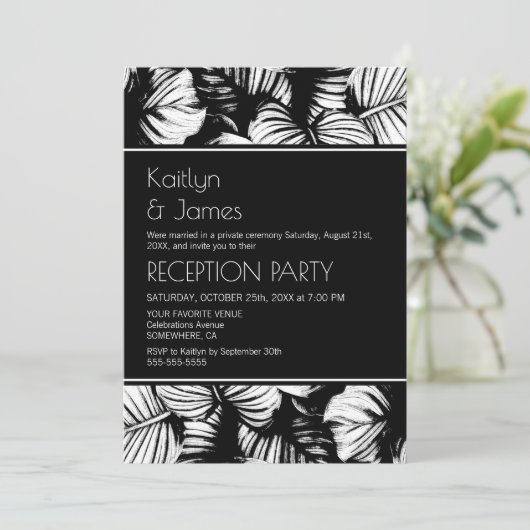 黒と白のトロピカルパームの結婚式の披露宴 招待状 (スタンド正面)