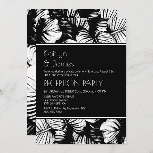 黒と白のトロピカルパームの結婚式の披露宴 招待状 (正面/裏面)