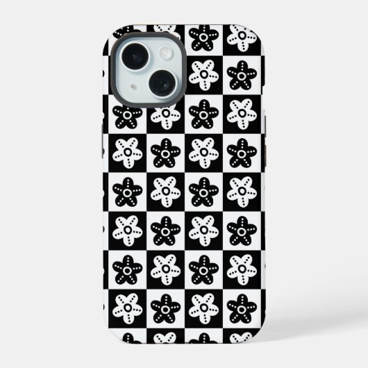 黒と白のドットフラワー iPhone 15ケース (裏面)