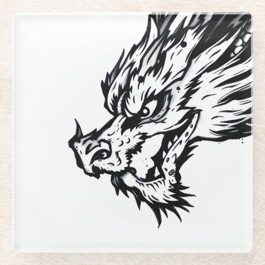 黒と白のドラゴン ガラスコースター (正面)