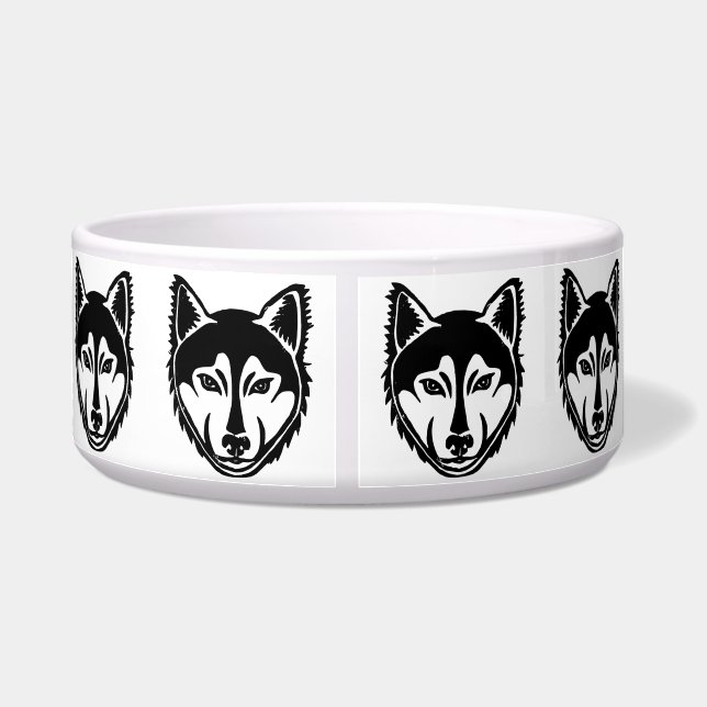 黒と白のハスキー肖像画 リノカットパターン ボウル (裏面)