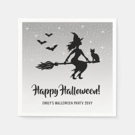黒と白のハロウィン柄のシンプルなほうきに乗った魔女 スタンダードカクテルナプキン