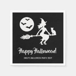 黒と白のハロウィン柄のシンプルなほうきに乗った魔女 スタンダードカクテルナプキン
