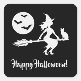 黒と白のハロウィン柄の魔法使いの箒 スクエアシール