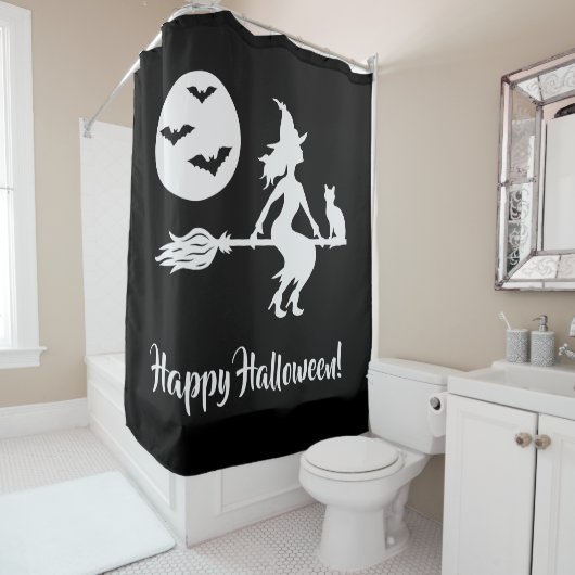 黒と白のハロウィン柄　箒に乗った魔女 シャワーカーテン (インサイチュ)