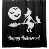 黒と白のハロウィン柄　箒に乗った魔女 シャワーカーテン (正面)